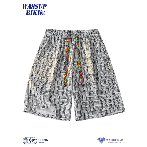 WASSUP BIKK美式格紋抽繩短褲男夏季寬鬆沙灘褲休閒運動五分褲子