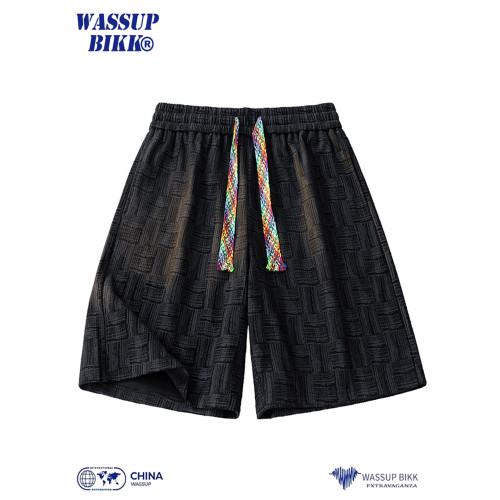 WASSUP BIKK美式格紋抽繩短褲男夏季寬鬆沙灘褲休閒運動五分褲子