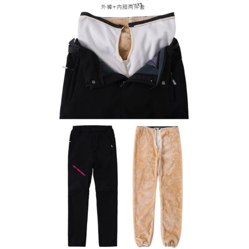 秋冬季情侶可拆卸沖鋒褲防風防水男女加厚軟殼褲登山褲加絨滑雪褲