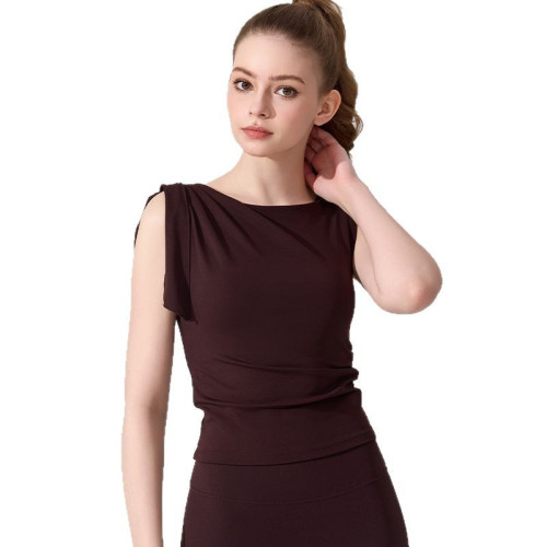 2025辣妹不規則斜肩綁帶T恤女夏帶胸墊肩部扭結無袖打底瑜珈背心