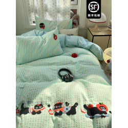 ins提花條紋純棉水洗棉四件套可愛蘋果小貓咪毛巾綉全棉被套床單