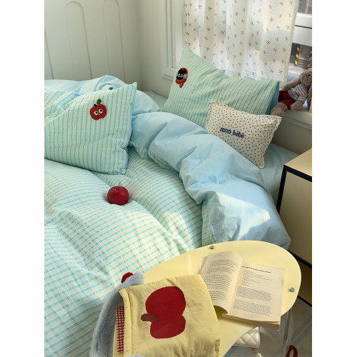 ins提花條紋純棉水洗棉四件套可愛蘋果小貓咪毛巾綉全棉被套床單