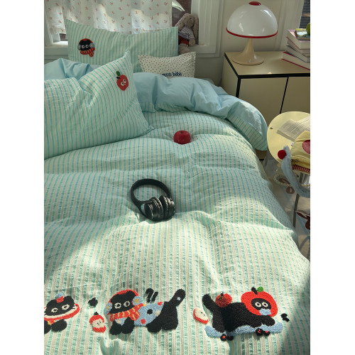 ins提花條紋純棉水洗棉四件套可愛蘋果小貓咪毛巾綉全棉被套床單