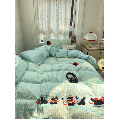 ins提花條紋純棉水洗棉四件套可愛蘋果小貓咪毛巾綉全棉被套床單