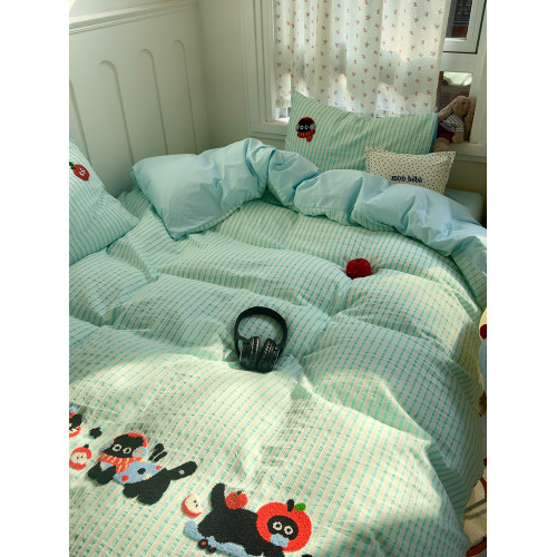 ins提花條紋純棉水洗棉四件套可愛蘋果小貓咪毛巾綉全棉被套床單