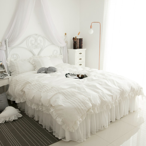 ins白色公主風純棉床上四件套韓國全棉少女被套蕾絲花邊床裙床品