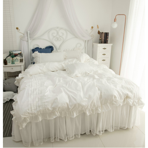 ins白色公主風純棉床上四件套韓國全棉少女被套蕾絲花邊床裙床品