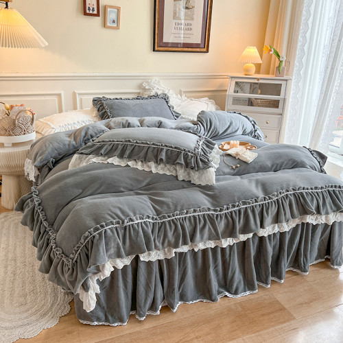 牛奶絨冬季無靜電床上四件套加厚保暖荷葉邊寶寶絨被套珊瑚絨床裙
