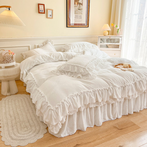 牛奶絨冬季無靜電床上四件套加厚保暖荷葉邊寶寶絨被套珊瑚絨床裙