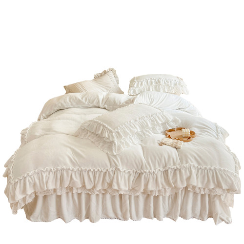 牛奶絨冬季無靜電床上四件套加厚保暖荷葉邊寶寶絨被套珊瑚絨床裙