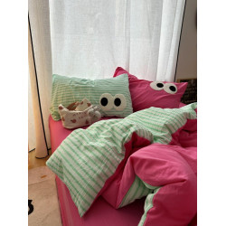 多巴胺配色少女玫紅拼條紋混搭風水洗棉床上四件套床單學生三件套