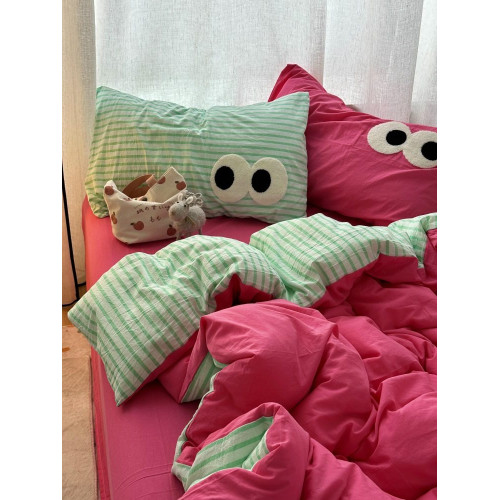 多巴胺配色少女玫紅拼條紋混搭風水洗棉床上四件套床單學生三件套