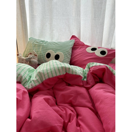 多巴胺配色少女玫紅拼條紋混搭風水洗棉床上四件套床單學生三件套