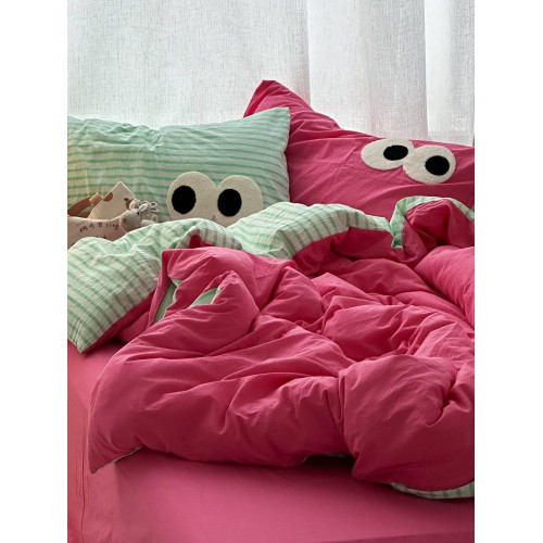 多巴胺配色少女玫紅拼條紋混搭風水洗棉床上四件套床單學生三件套