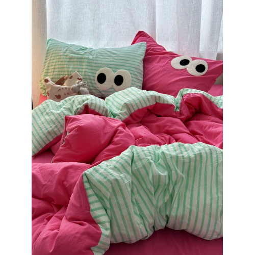 多巴胺配色少女玫紅拼條紋混搭風水洗棉床上四件套床單學生三件套