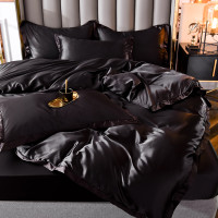 夏季涼感男士真絲床上四件套絲滑裸睡純黑色被套床單床包冰絲床品