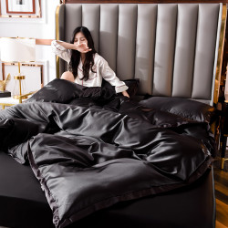 夏季涼感男士真絲床上四件套絲滑裸睡純黑色被套床單床包冰絲床品