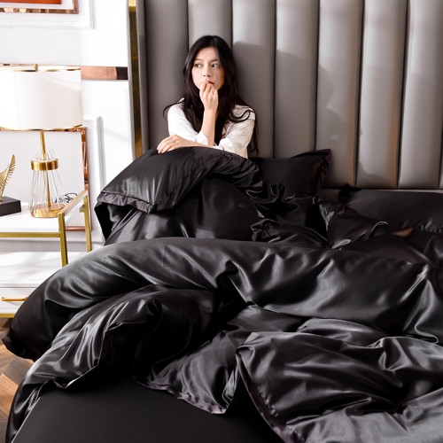 夏季涼感男士真絲床上四件套絲滑裸睡純黑色被套床單床包冰絲床品