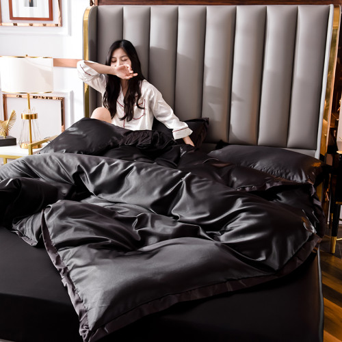 夏季涼感男士真絲床上四件套絲滑裸睡純黑色被套床單床包冰絲床品