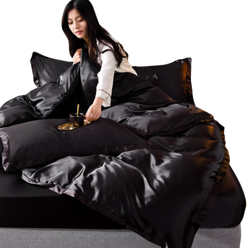 夏季涼感男士真絲床上四件套絲滑裸睡純黑色被套床單床包冰絲床品