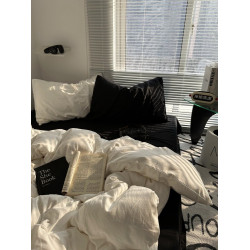 簡約ins混搭風奶白黑色水洗棉四件套床單純色被套宿捨三件套床包