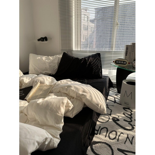 簡約ins混搭風奶白黑色水洗棉四件套床單純色被套宿捨三件套床包