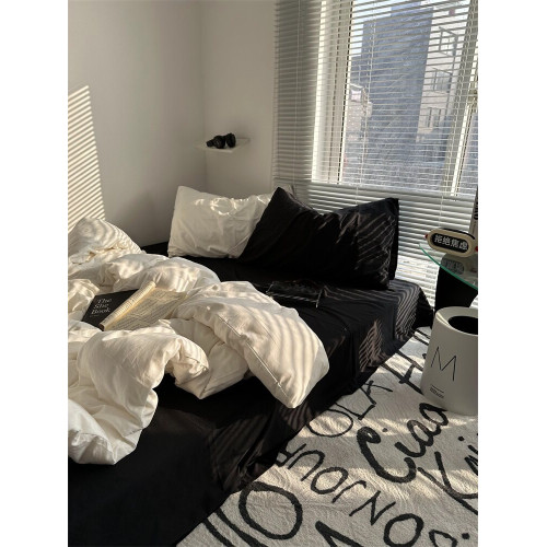 簡約ins混搭風奶白黑色水洗棉四件套床單純色被套宿捨三件套床包