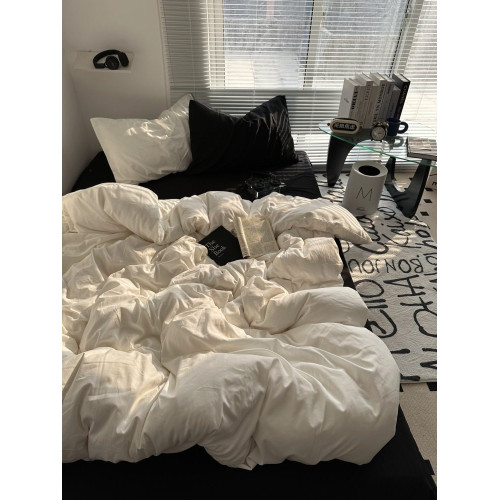 簡約ins混搭風奶白黑色水洗棉四件套床單純色被套宿捨三件套床包