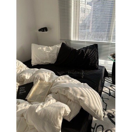 簡約ins混搭風奶白黑色水洗棉四件套床單純色被套宿捨三件套床包