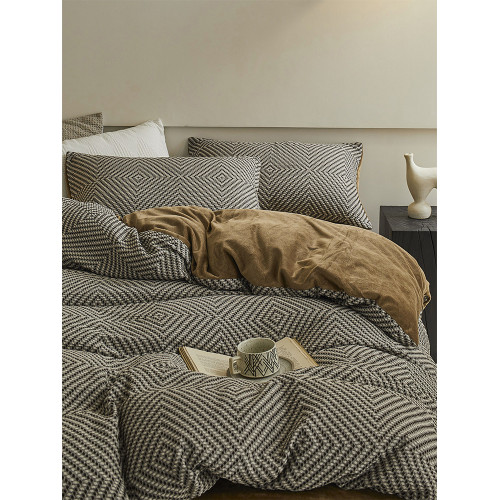 高級感AB面純棉牛奶絨床上四件套冬季全棉華夫格加絨被套床單三件