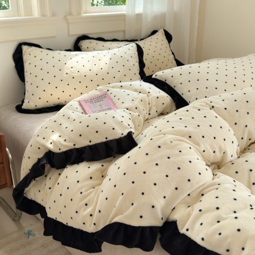 牛奶絨波點床上四件套加厚冬天雙面法蘭珊瑚絨被套公主風加絨床單