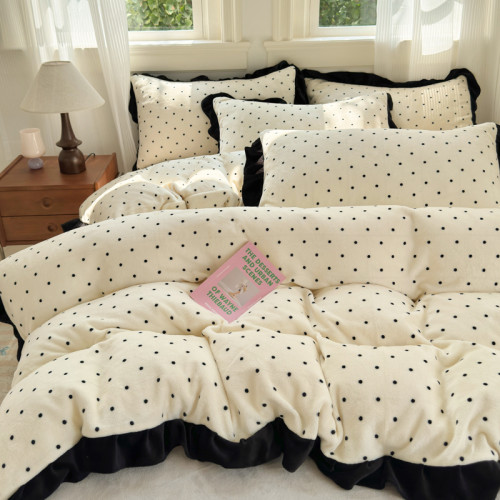 牛奶絨波點床上四件套加厚冬天雙面法蘭珊瑚絨被套公主風加絨床單