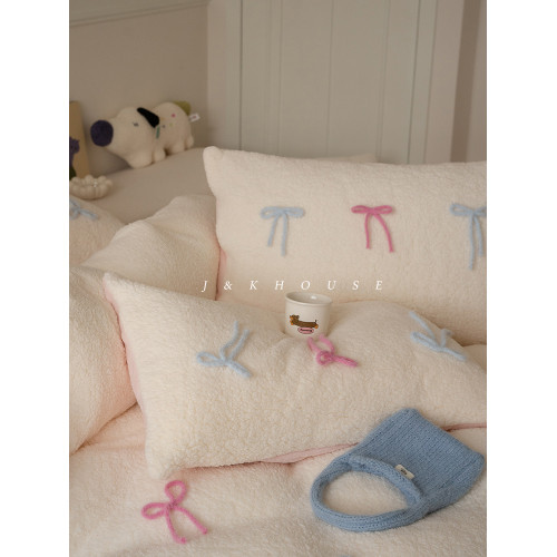 Girlish|秋冬少女羊羔絨四件套牛奶絨法式可愛蝴蝶結加厚床上用品