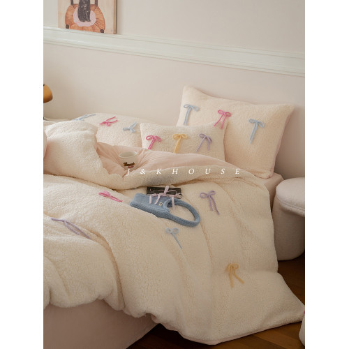 Girlish|秋冬少女羊羔絨四件套牛奶絨法式可愛蝴蝶結加厚床上用品