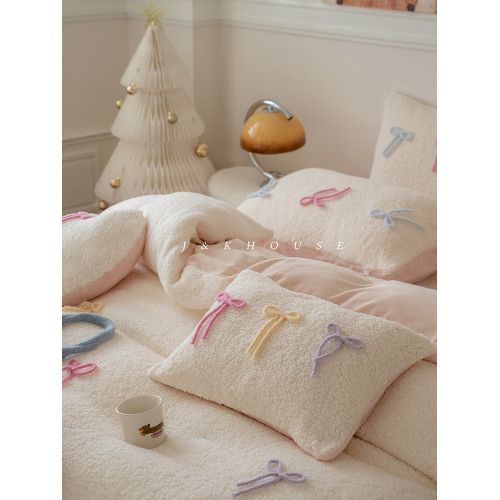 Girlish|秋冬少女羊羔絨四件套牛奶絨法式可愛蝴蝶結加厚床上用品