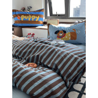 月光巴士簡約藍咖條紋小清新春夏床上四件套1.5米1.8床單純棉被套