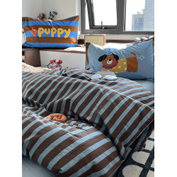 月光巴士簡約藍咖條紋小清新春夏床上四件套1.5米1.8床單純棉被套