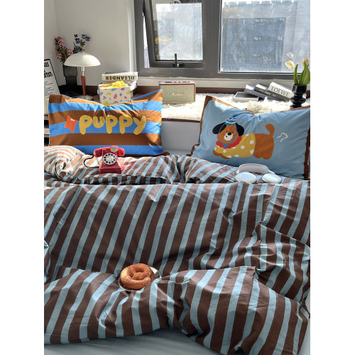 月光巴士簡約藍咖條紋小清新春夏床上四件套1.5米1.8床單純棉被套