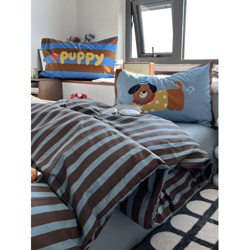 月光巴士簡約藍咖條紋小清新春夏床上四件套1.5米1.8床單純棉被套