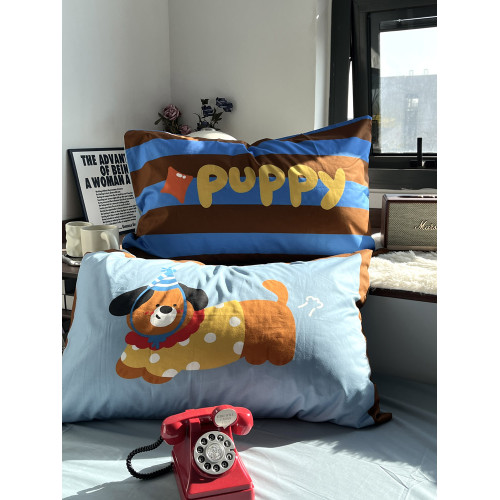 月光巴士簡約藍咖條紋小清新春夏床上四件套1.5米1.8床單純棉被套