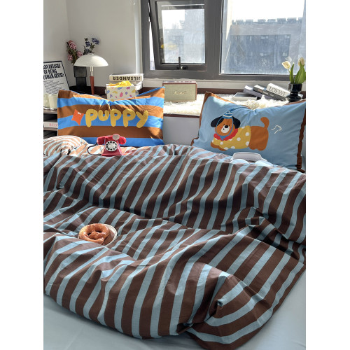 月光巴士簡約藍咖條紋小清新春夏床上四件套1.5米1.8床單純棉被套