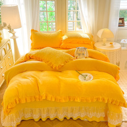 純色牛奶絨夾棉床蓋款四件套加厚公主風蕾絲荷葉花邊被套加絨冬季