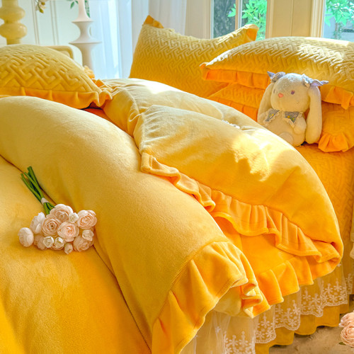 純色牛奶絨夾棉床蓋款四件套加厚公主風蕾絲荷葉花邊被套加絨冬季