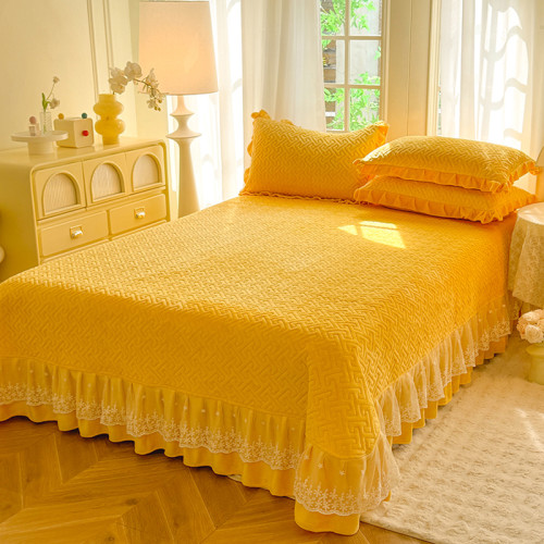 純色牛奶絨夾棉床蓋款四件套加厚公主風蕾絲荷葉花邊被套加絨冬季