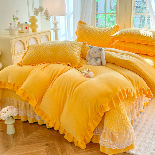 純色牛奶絨夾棉床蓋款四件套加厚公主風蕾絲荷葉花邊被套加絨冬季