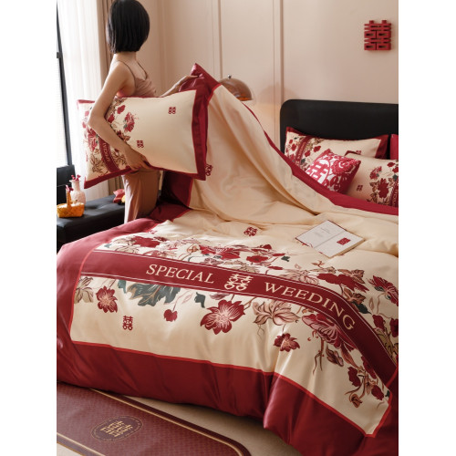 A類高檔婚慶四件套大紅喜被全棉中式印花結婚房嫁禮床單床上用品4