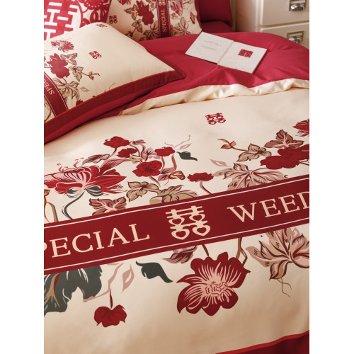 A類高檔婚慶四件套大紅喜被全棉中式印花結婚房嫁禮床單床上用品4