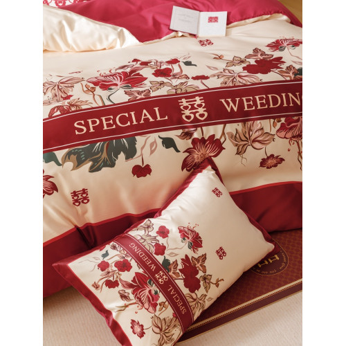A類高檔婚慶四件套大紅喜被全棉中式印花結婚房嫁禮床單床上用品4