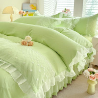 奶油風四件套全水洗棉ins被套床單公主風床裙款少女心淺綠色床品4