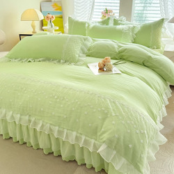 奶油風四件套全水洗棉ins被套床單公主風床裙款少女心淺綠色床品4